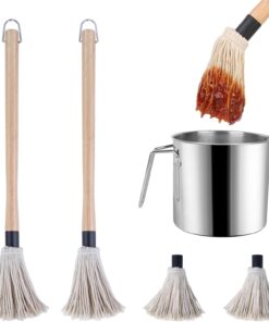 BBQ Sauce Pot and Basting Brush Set. 61Oz Stainless Steel Sauce Pan & Basting Mop Brush. Gifts for Griller & Barbecue Cooking Accessories. with 2Pcs Wooden Long Handle Sauce Mops and 2Pcs Replacements