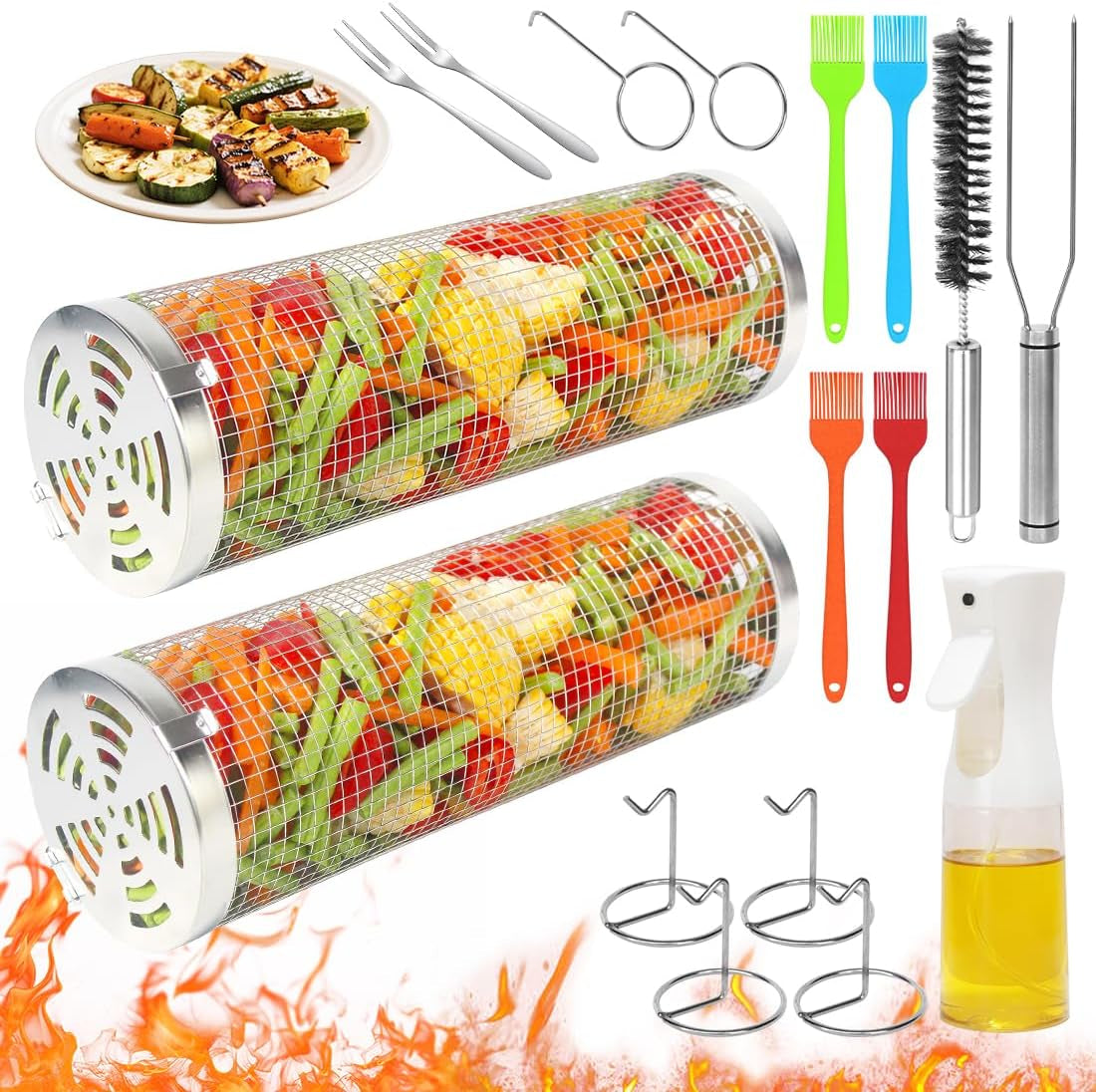 Rolling Grilling Baskets 2 PCS. Stainless Steel BBQ Net Tube Baskets with Oil Sprayer BBQ Accessories Tools for Vegetable Fish Meat Food Camping. Gifts for Men Dad and Husband - Image 8