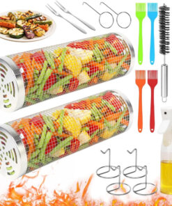 Rolling Grilling Baskets 2 PCS. Stainless Steel BBQ Net Tube Baskets with Oil Sprayer BBQ Accessories Tools for Vegetable Fish Meat Food Camping. Gifts for Men Dad and Husband
