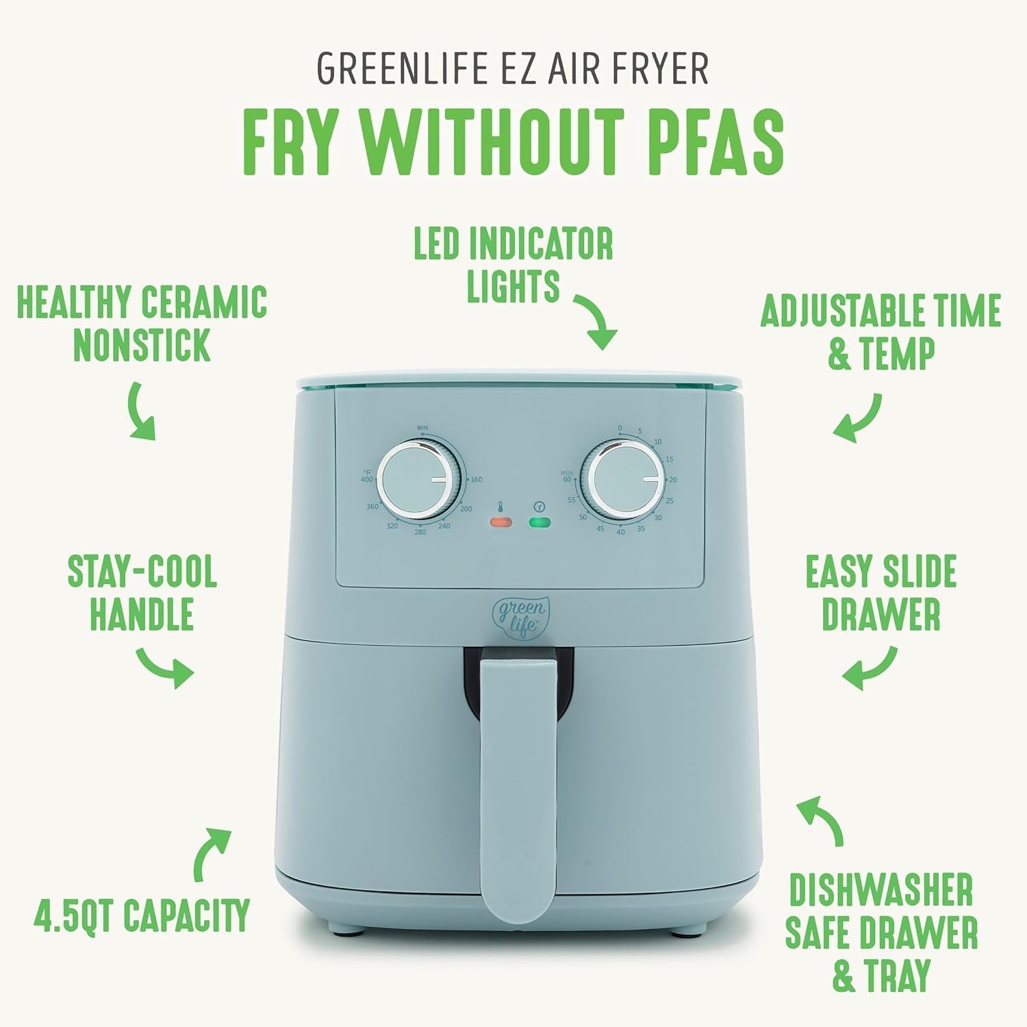 Greenlife 4.5QT Mechanical Air Fryer. Pfas-Free Ceramic Nonstick Crisper Drawer. Adjustable Temperature Timer Dial. LED Indicator. Holiday Gifting. Dishwasher Safe. Kitchen Essential. Blue Haze - Image 3