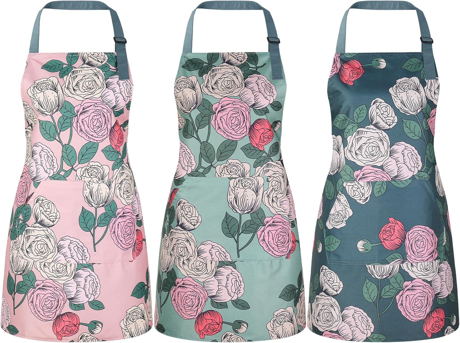 3 Pack Floral Aprons for Women with 2 Pockets. Women Aprons Waterproof Adjustable Cooking Aprons for Kitchen. Gardening. Baking. Salon Apron Gift for Mom Wife Sister Grandma - Image 8