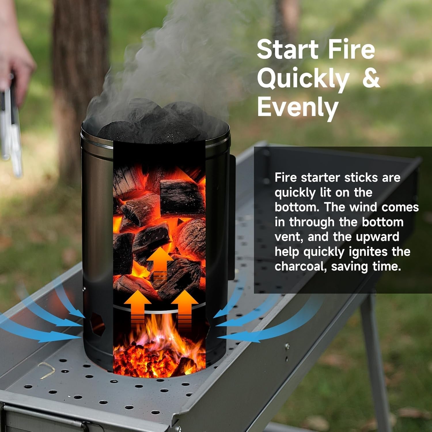 Charcoal Chimney Starter. Heavy Duty Premium Chimney Starter for Charcoal Grills BBQ Accessory with Heat Resistant Wooden Handle for Outdoor Grill Camping (Black) - Image 5