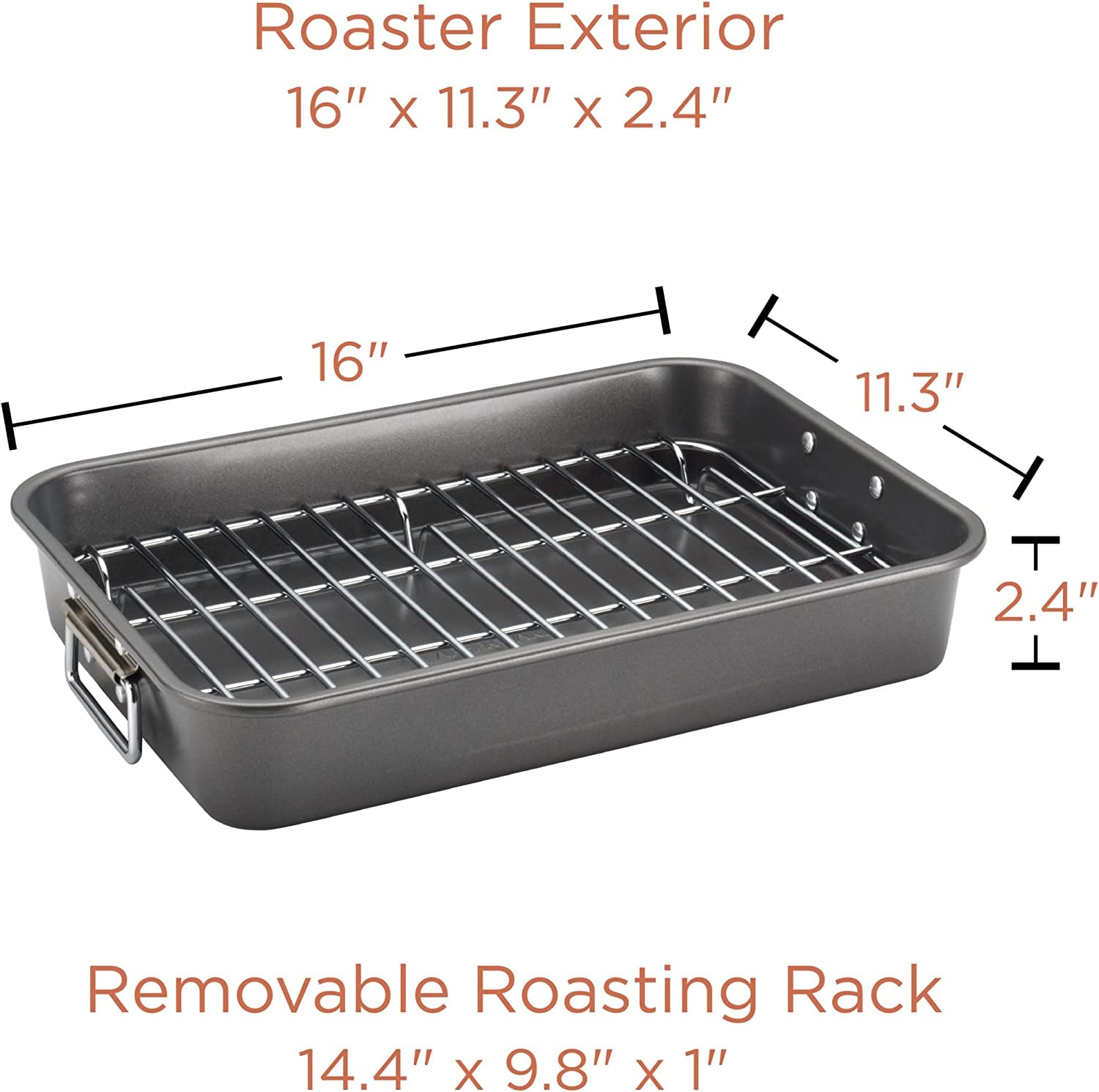 Farberware Bakeware Nonstick Steel Roaster with Flat Rack. 11-Inch X 15-Inch. Gray - Image 2