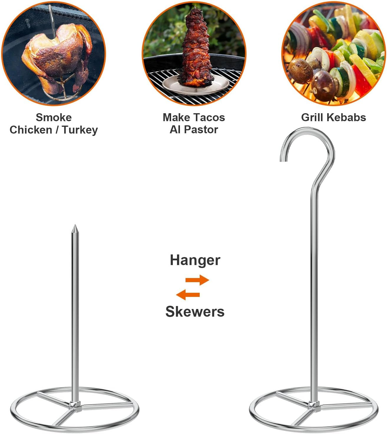 Vertical Skewer Turkey Fryer Stand Kit. Al Pastor Skewer with Removable Size Spikes (1 Base. 1 Skewers and 1 Chicken Hangers). Turkey Hanger Chicken Rack for Grill Meat. Stainless Steel - Image 4