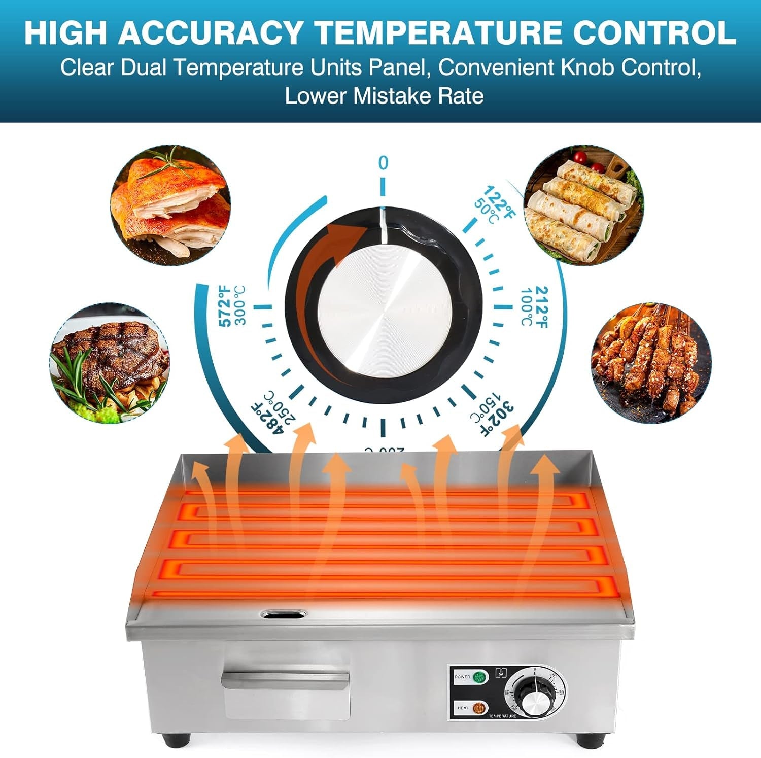Commercial Electric Griddle 22. 3000W Electric Flat Top Griddle Grill Indoor with 122~572℉ Adjustable Temperature Control. Non-Stick Stainless Steel Teppanyaki Grill for Restaurant. Hotel - Image 5