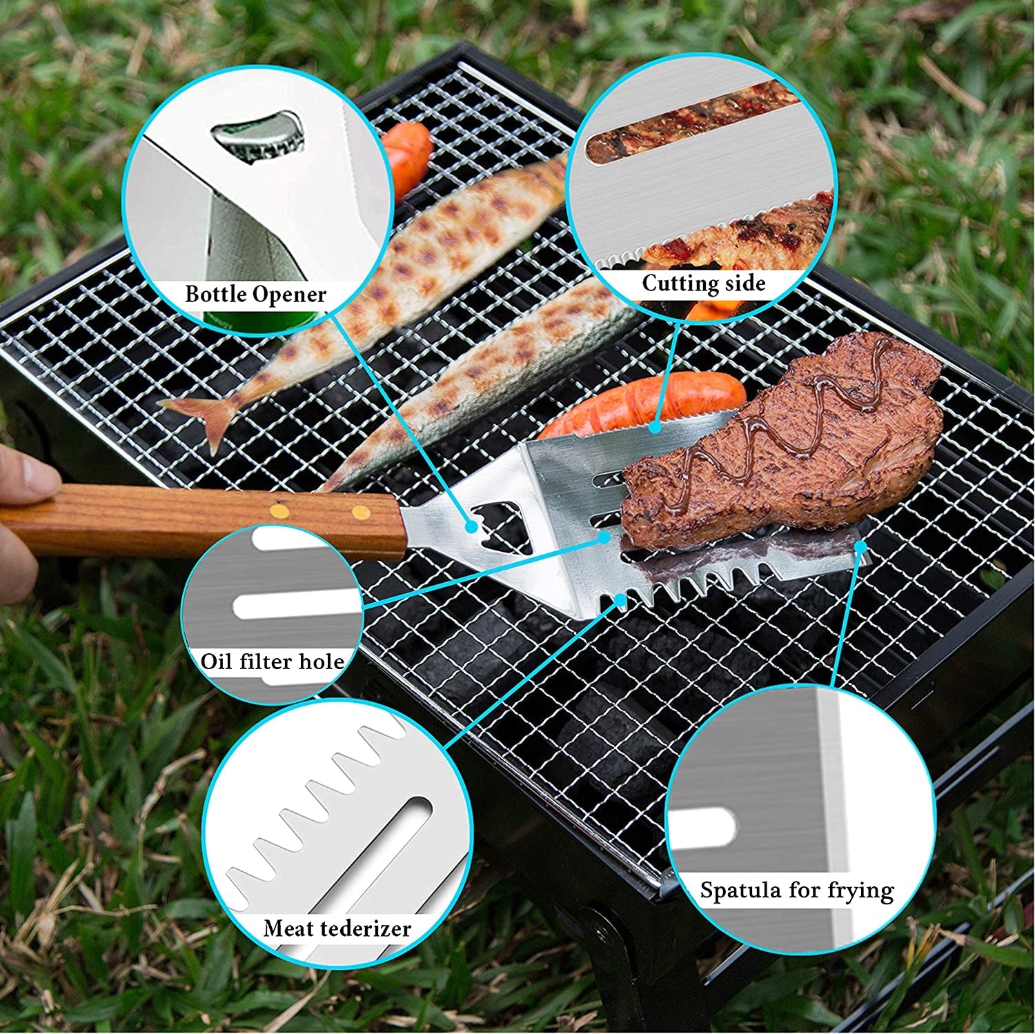 Wooded BBQ Accessories Grilling Tools.Stainless Steel BBQ Tools Grill Tools Set for Cooking. Backyard Barbecue & Outdoor Camping Gift for Man Dad Women Barbecue Enthusiasts Set of 4 - Image 4