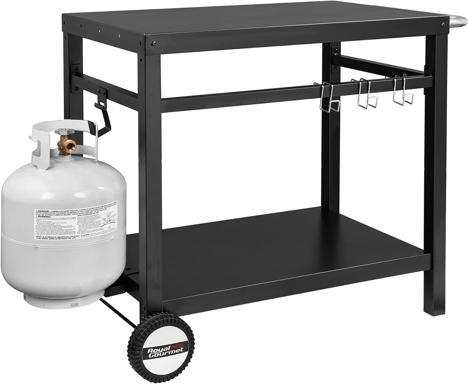 Dining Cart Table with Double-Shelf. Movable Steel Flattop Worktable. Hooks. Side Handle. Multifunctional and Commercial PC3401B (Black) - Image 9