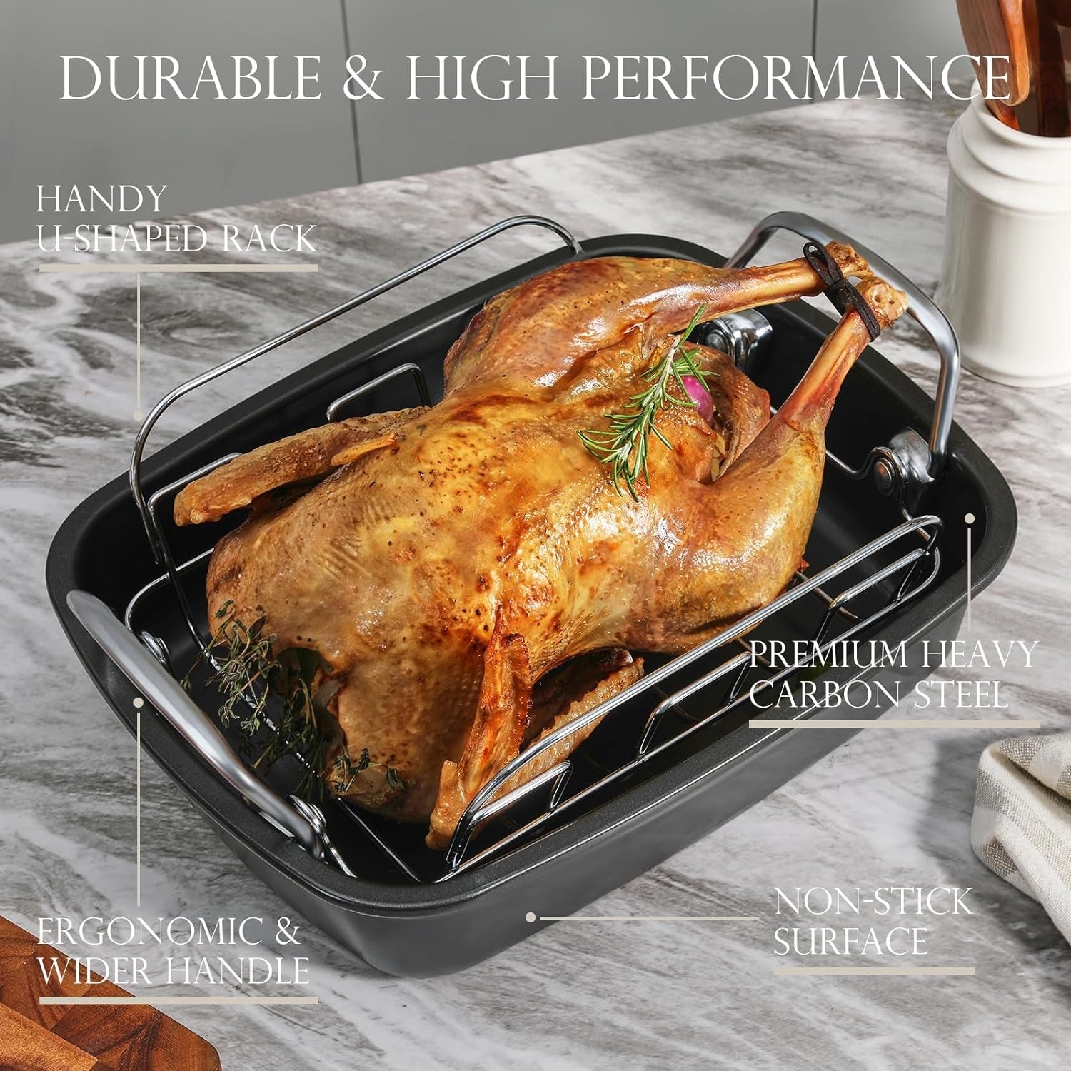 KITESSENSU Nonstick Turkey Roasting Pan with Rack 17 X 14 Inch - Large Chicken Roaster Pan for Oven - Wider Handles & Heavy Duty Construction - Suitable for 24Lb Turkey. Gray - Image 2