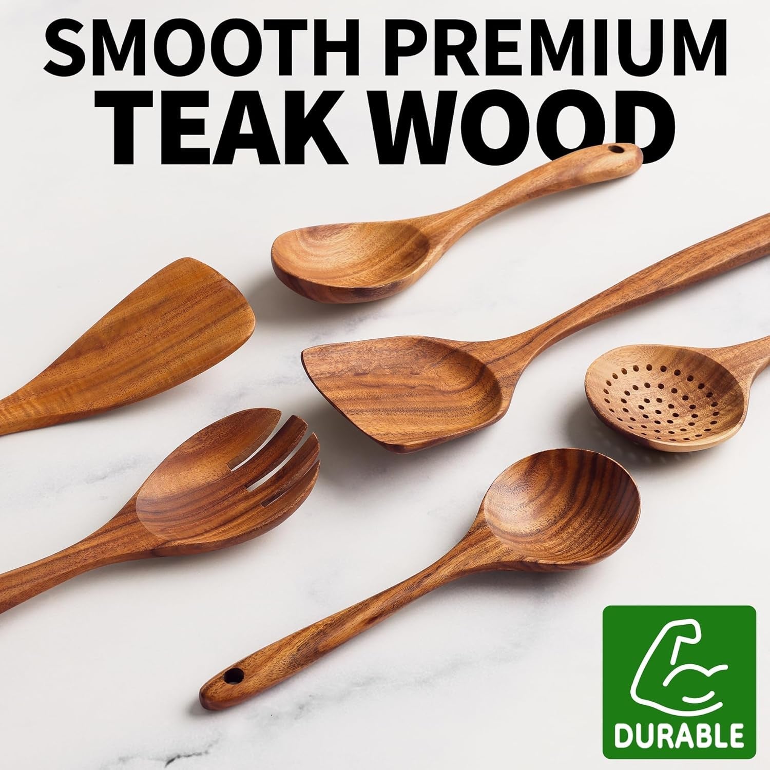 Zulay Kitchen 6-Piece Wooden Cooking Spoons Set – Heat-Resistant. Smooth Teak Utensils with Comfort Grip – Lightweight & Durable – Easy to Clean. Perfect for Non-Stick Cookware - Image 2