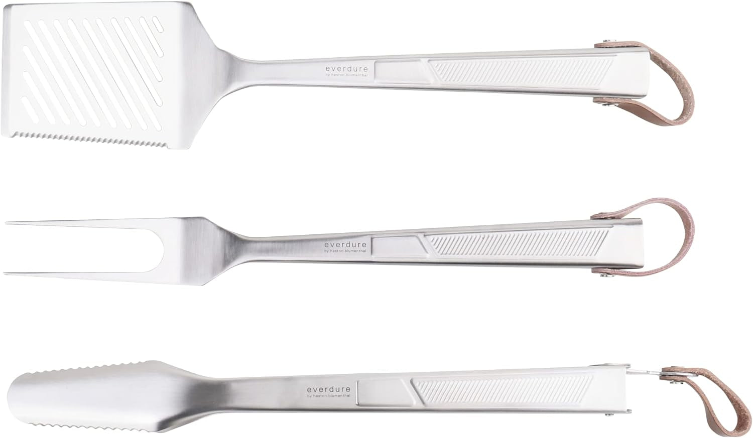 Everdure BBQ Tool Kit - 3 Pack. Brushed Stainless Steel Tongs. Spatula and Fork with Soft Grip Handles and Leather Straps. Barbeque Grill Accessories and Cooking Utensils Set - Image 9