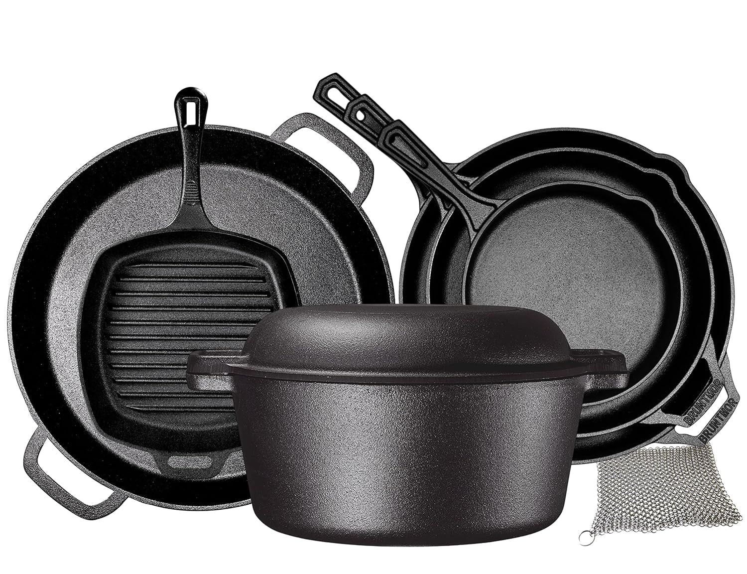 Bruntmor Pre-Seasoned Cast Iron Cookware Set - 8-Piece Bundle with Skillets. Grill Pan. Dutch Oven. Pizza Pan. and Utensils - Durable Pots and Pans Set for Cooking - Ideal Gift for Home or Camping