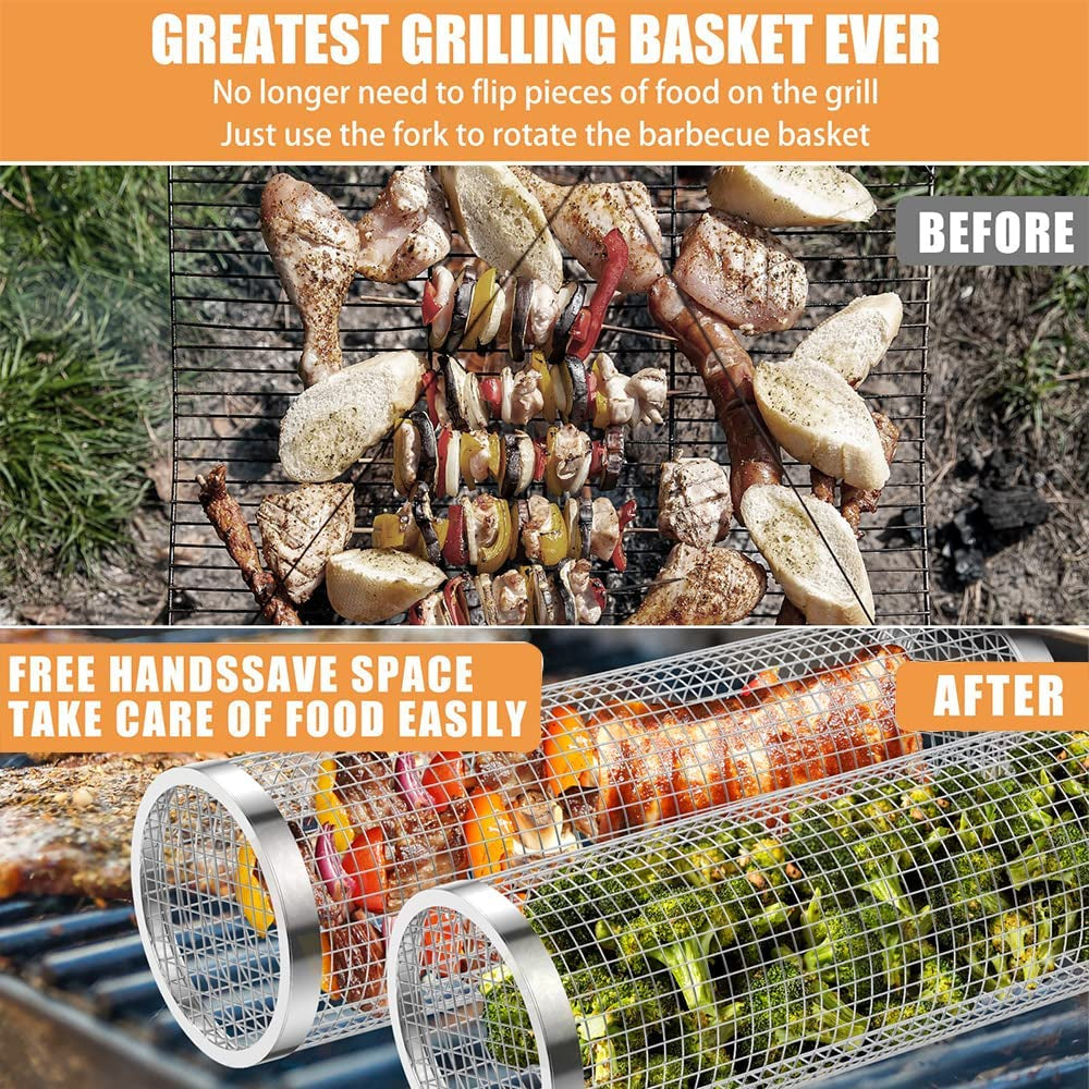 Cooking Coll Rolling Grilling Basket.Round Stainless Steel BBQ Grill Mesh.Grill Baskets for Outdoor Grill.Barbecue Net Tube Grate Fish.Vegetable.Fries - Camping Picnic Cookware(Mid.7.87 X 3.54 Inch) - Image 2