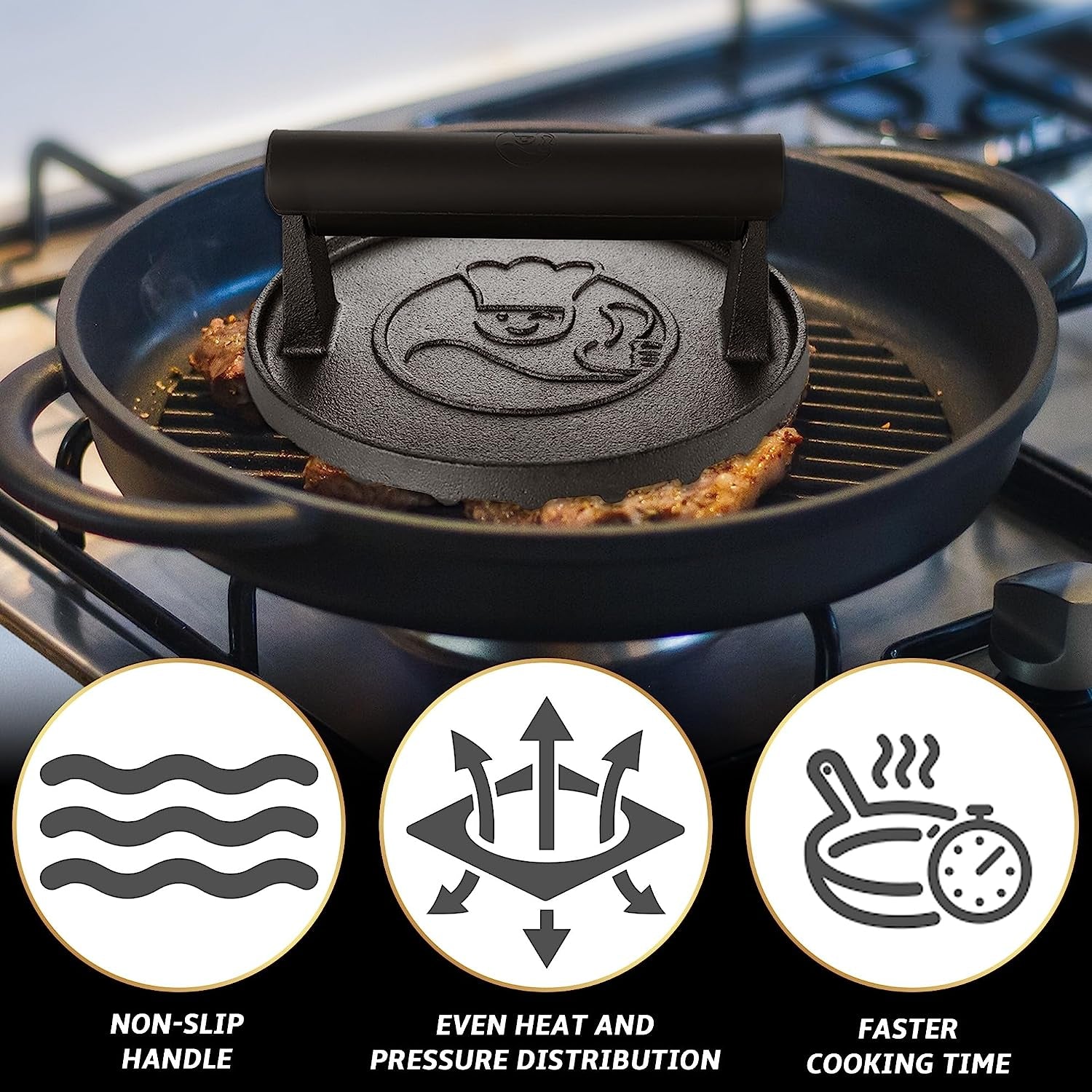 Smash Burger Press - Heavy Duty Hamburger Press W/Heat Resistant Handle - Cast Iron Grill Press. Bacon Press. Sandwich Press - round Burger Smasher for Griddle - Meat Press - BBQ Grilling Accessories - Image 8