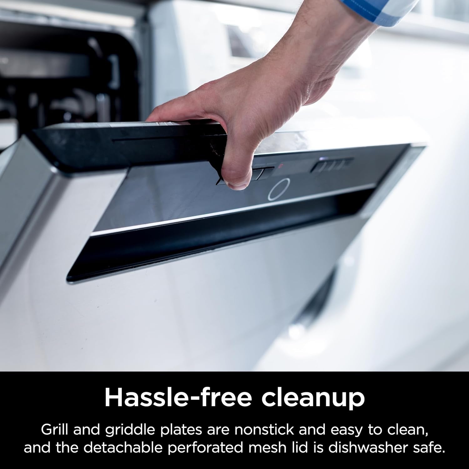 GR101 Sizzle Smokeless Indoor Grill & Griddle. 14'' Interchangeable Nonstick Grill and Griddle Plates. Dishwasher-Safe Removable Mesh Lid. 500F Max Heat. Even Edge-To-Edge Cooking. Grey/Silver - Image 8