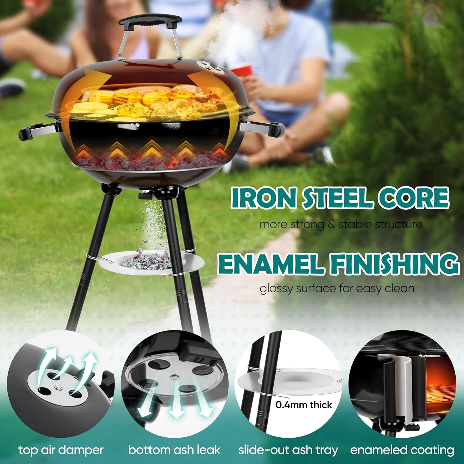 Hasteel 18 Inch Charcoal Grill. Black Kettle Outdoor Barbecue Grill. 2-In-1 Portable BBQ Grill with Wheels for Camping Backyard Patio Picnic. Porcelain-Enameled Lid & Fire Bowl. 254.SQ.IN Cooking Area - Image 4