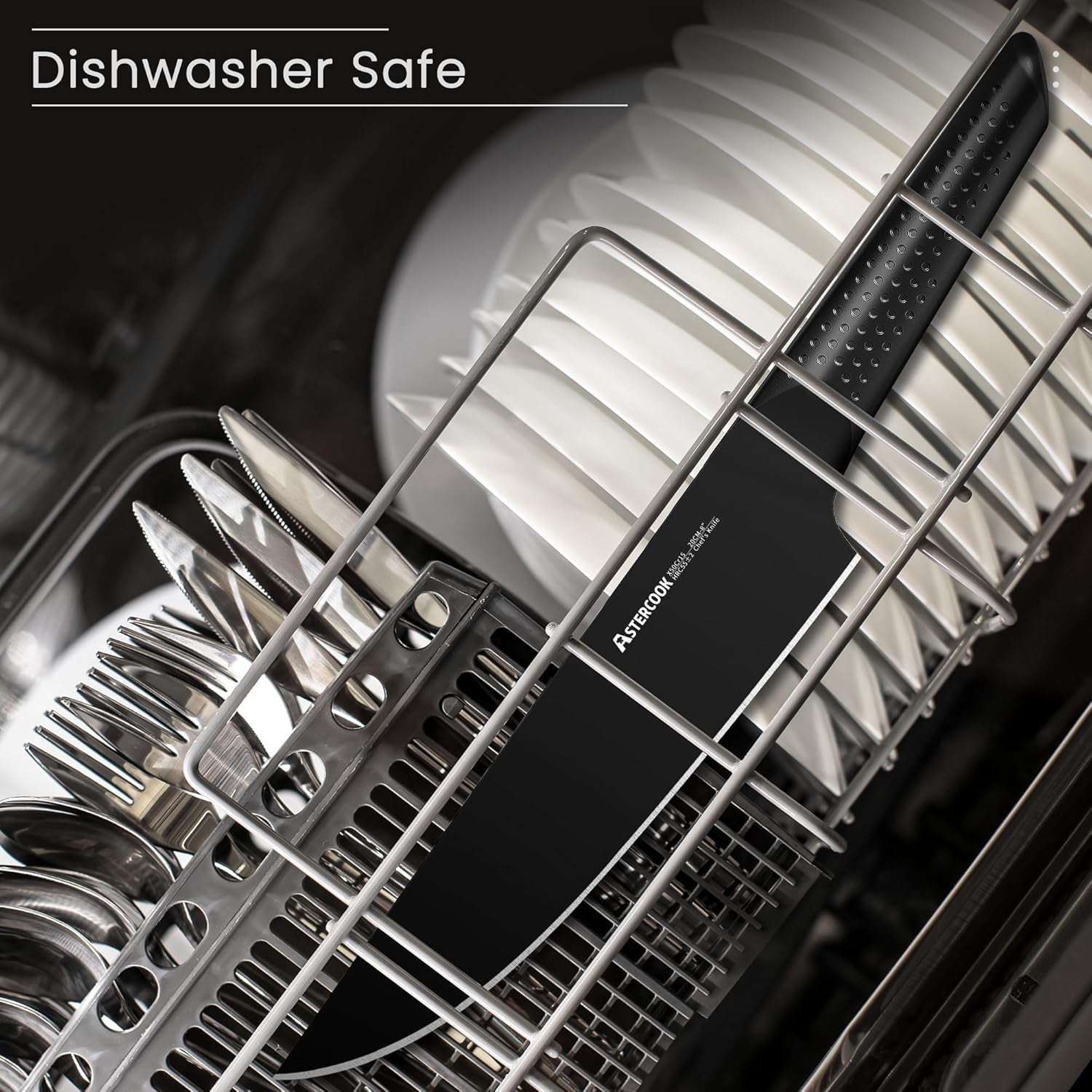 Astercook Knife Set. 15 Pieces Kitchen Knife Sets with Block and Built-In Knife Sharpener. German Stainless Steel Handle One-Piece Design Knives Block Set Dishwasher Safe. Black - Image 7