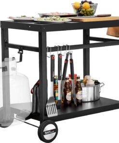 Dining Cart Table with Double-Shelf. Movable Steel Flattop Worktable. Hooks. Side Handle. Multifunctional and Commercial PC3401B (Black)