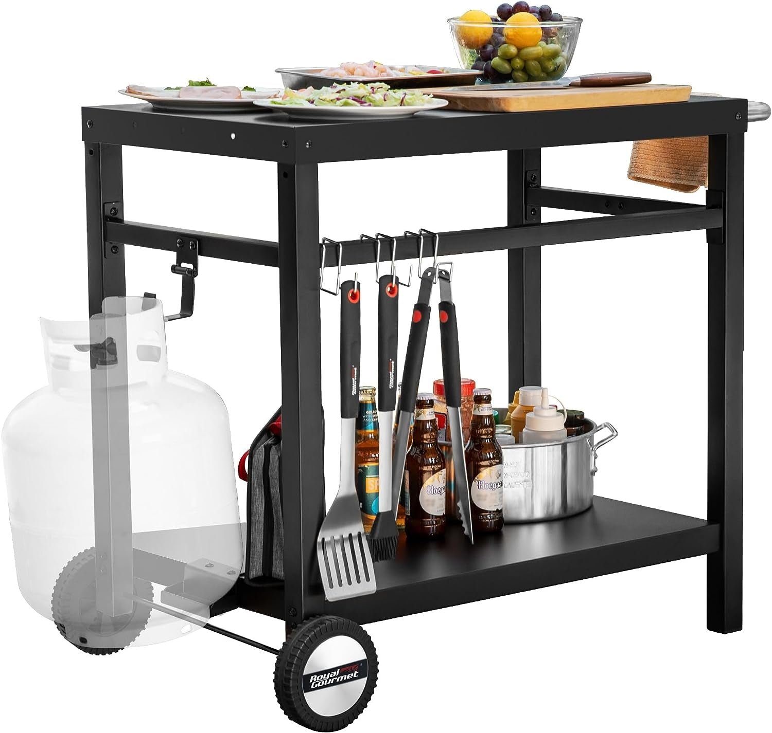 Dining Cart Table with Double-Shelf. Movable Steel Flattop Worktable. Hooks. Side Handle. Multifunctional and Commercial PC3401B (Black)