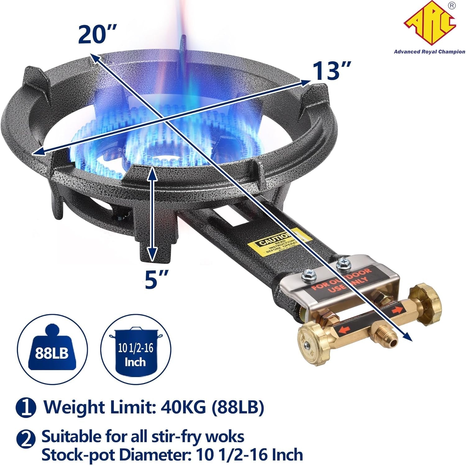 ARC Outdoor Propane Burner Stove. 13 Single Propane Burner. Cast Iron Portable Wok Burner with Bilateral Control Rings and 0-20 PSI Adjustable Regulator. Stainless Steel Hose - Image 2
