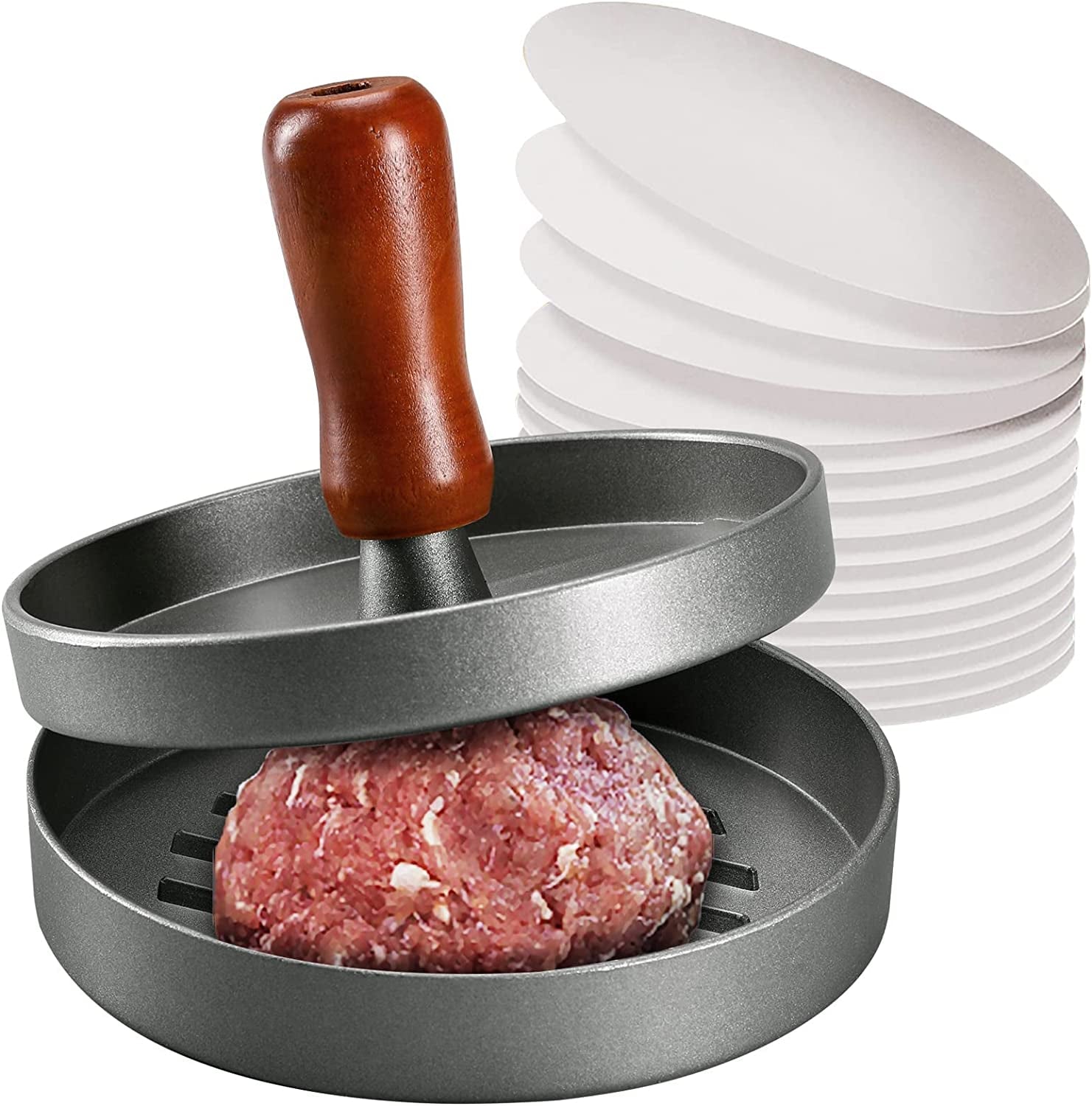 PIQUEBAR Burger Press Patty Maker Stainless Steel Hamburger Mold Non-Stick with 100 Patty Papers