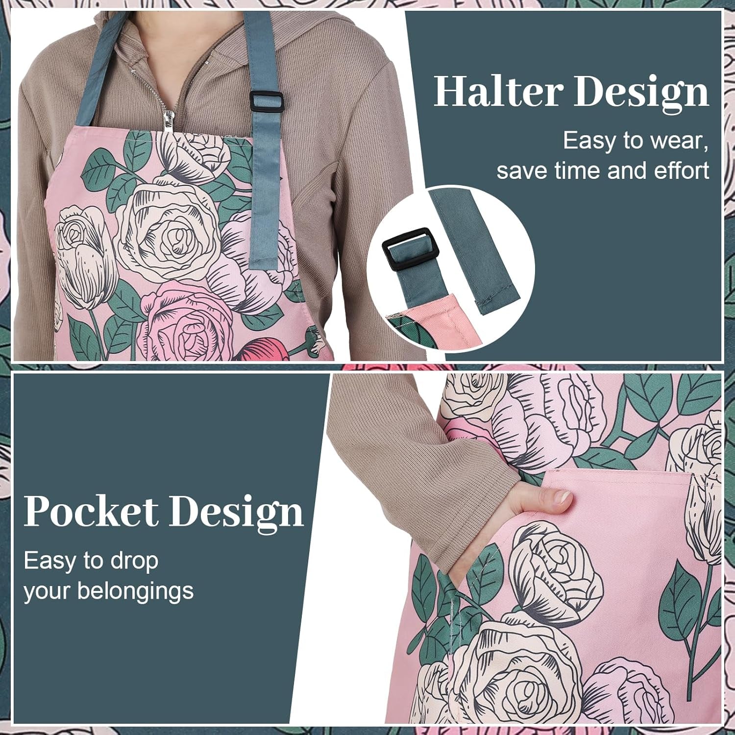 3 Pack Floral Aprons for Women with 2 Pockets. Women Aprons Waterproof Adjustable Cooking Aprons for Kitchen. Gardening. Baking. Salon Apron Gift for Mom Wife Sister Grandma - Image 4