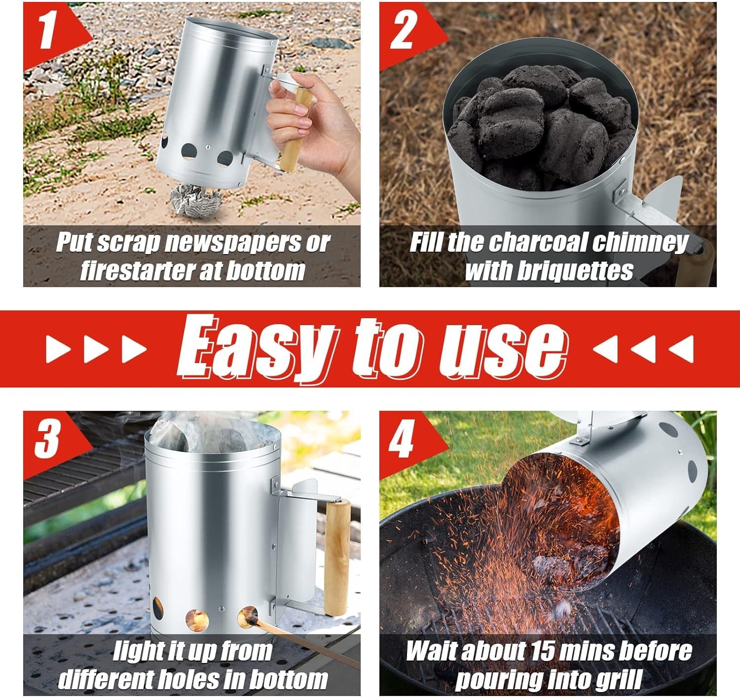 Hasteel Charcoal Chimney. 10.6X6.7 Inch Heavy Duty BBQ Chimney Starter for Outdoor Grilling Barbecue Camping. Quick Rapid Fir Briquette Coal. Heat Resistant Wooden Handle & Screwdriver - Image 4