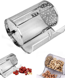 GEZICHTA BBQ Grill Roaster.Stainless Steel Grilled Cage.Bbq Rolling Grill Basket for Vegetables.Rotisserie Grill Peanut Beans French Fries Basket.Silver Grilling Accessories(22 * 11.7 Cm)