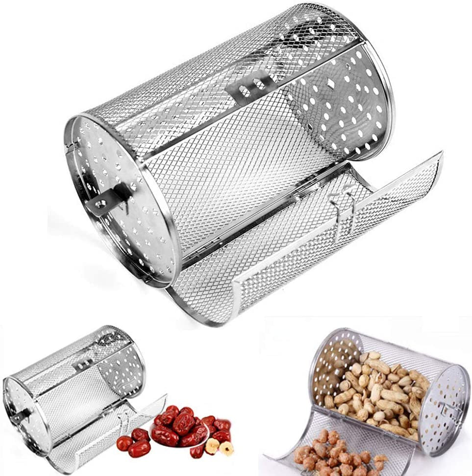 GEZICHTA BBQ Grill Roaster.Stainless Steel Grilled Cage.Bbq Rolling Grill Basket for Vegetables.Rotisserie Grill Peanut Beans French Fries Basket.Silver Grilling Accessories(22 * 11.7 Cm)