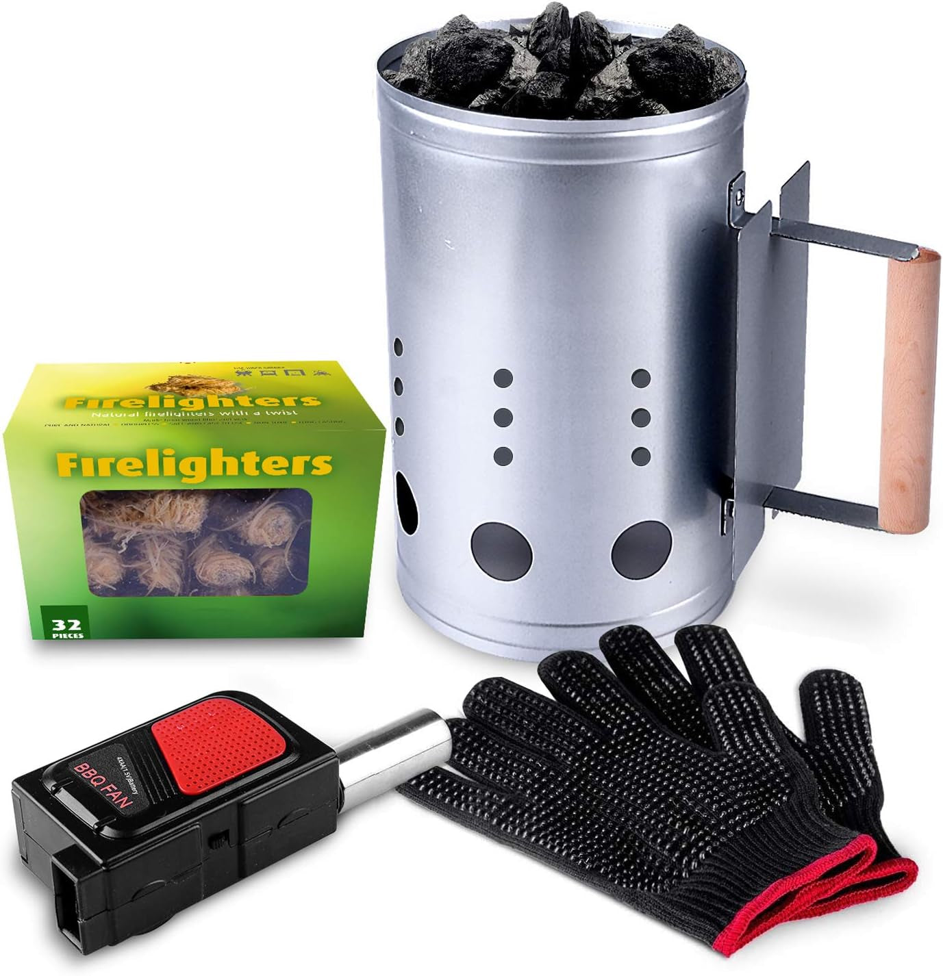 Homenote Rapid Charcoal Chimney Starter Set Fireplace Accessories Lighter Cubes BBQ Heat Resistant Gloves Blower BBQ Tools(11.5 X 7 X 7)