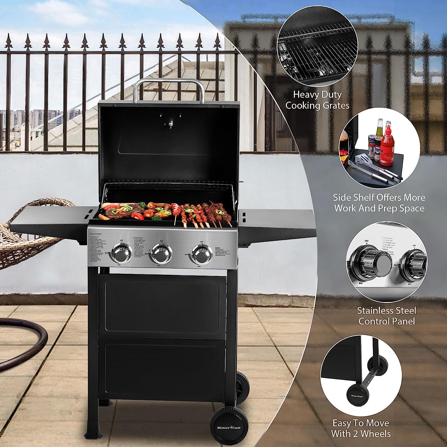 MASTER COOK 3 Burner BBQ Propane Gas Grill. Stainless Steel 30.000 BTU Patio Garden Barbecue Grill with Two Foldable Shelves - Image 4