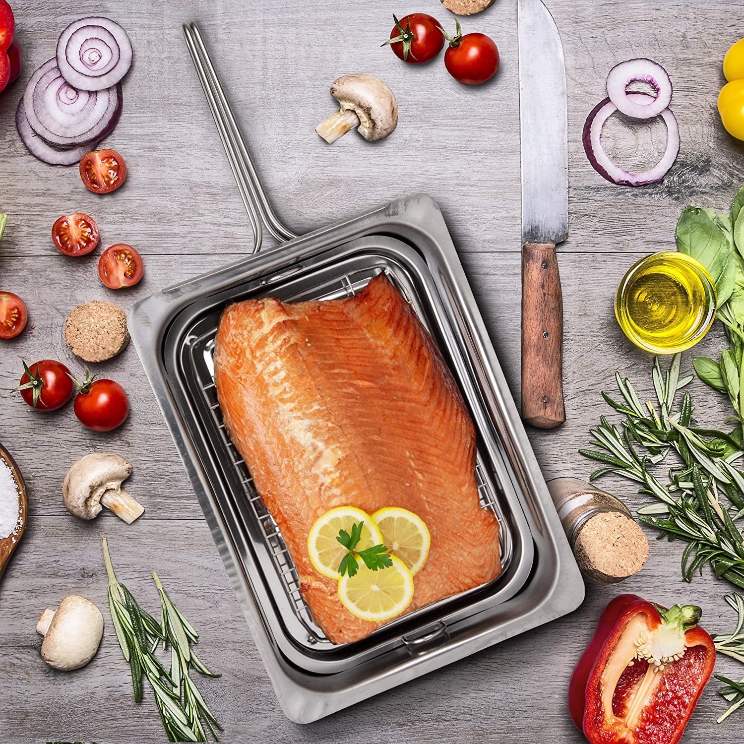 Large Stovetop Smoker - Stainless Steel BBQ Smoker Box W/Hickory & Oak Wood Chips & Recipe Guide - Indoor Outdoor Use - Great for Smoking Thanksgiving Dinner - Barbecue Grilling Gift for Men - Image 5