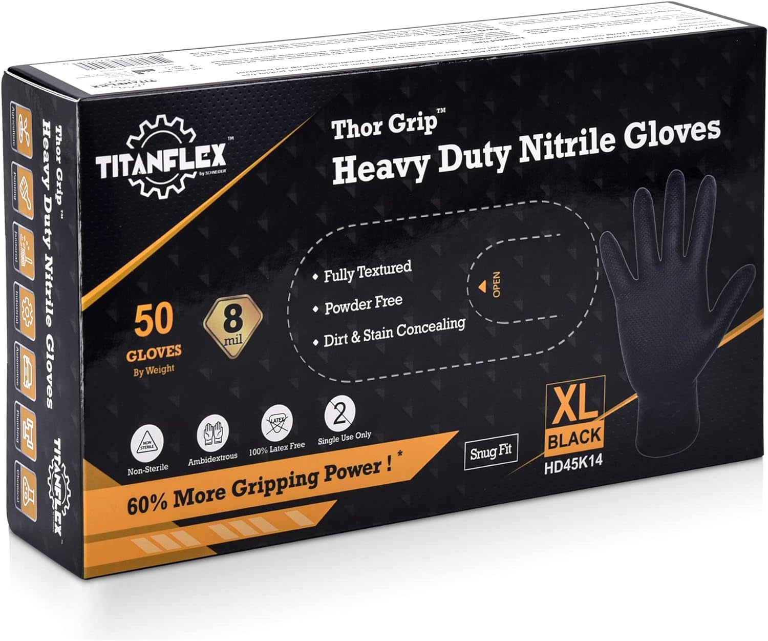 Thor Grip Heavy Duty Black Industrial Nitrile Gloves with Raised Diamond Texture. 8-Mil. Latex Free. 50-Ct Box - Image 2