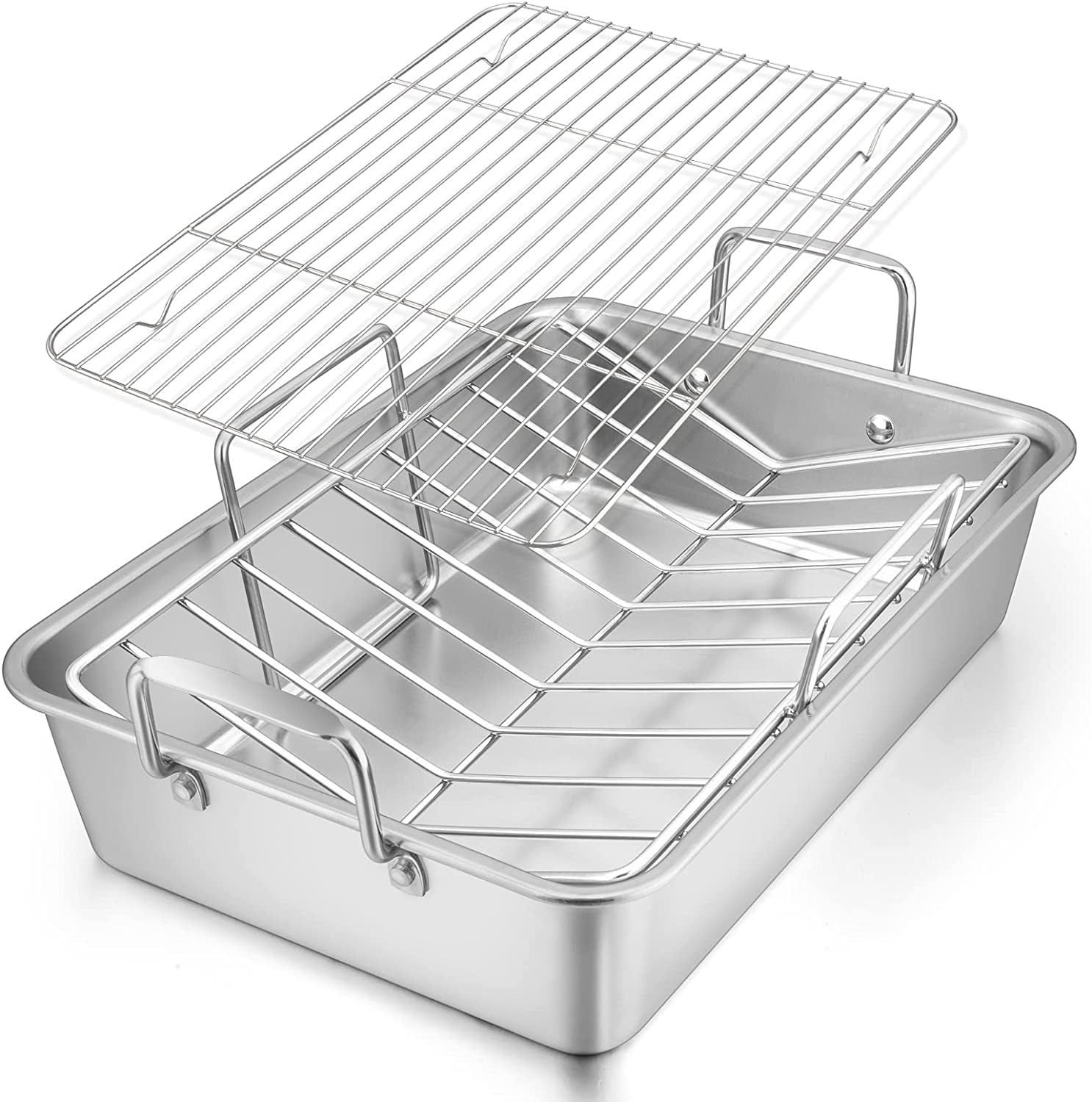 Roasting Pan. E-Far 16 X 11.5 Inch Stainless Steel Turkey Roaster with Rack - Deep Broiling Pan & V-Shaped Rack & Flat Rack. Non-Toxic & Heavy Duty. Easy Clean & Dishwasher Safe - Large - Image 10