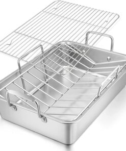 Roasting Pan. E-Far 16 X 11.5 Inch Stainless Steel Turkey Roaster with Rack - Deep Broiling Pan & V-Shaped Rack & Flat Rack. Non-Toxic & Heavy Duty. Easy Clean & Dishwasher Safe - Large