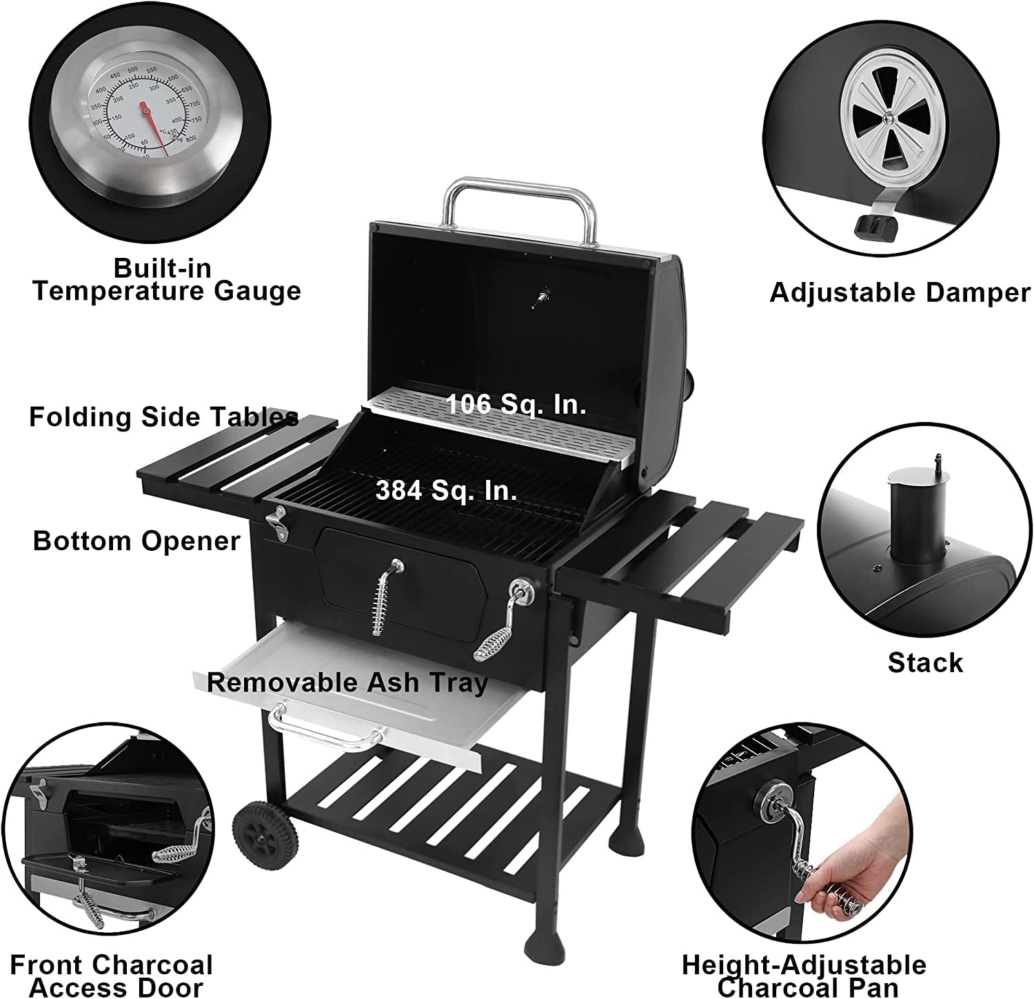 CD1824EN 24 Charcoal Grill Outdoor Smoker with Side Tables Backyard Griller Party BBQ Picnic Patio Cooking. Black - Image 9