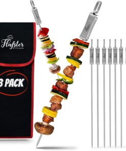 Kabob Skewers for Grilling- BBQ Skewers for Grilling-16 Long Flat Kebab Skewers with Push Bar- Shish Kabob Skewers - Stainless Steel Skewer Sticks for Camping - Wide Reusable Sword Skewers - 8 Pack