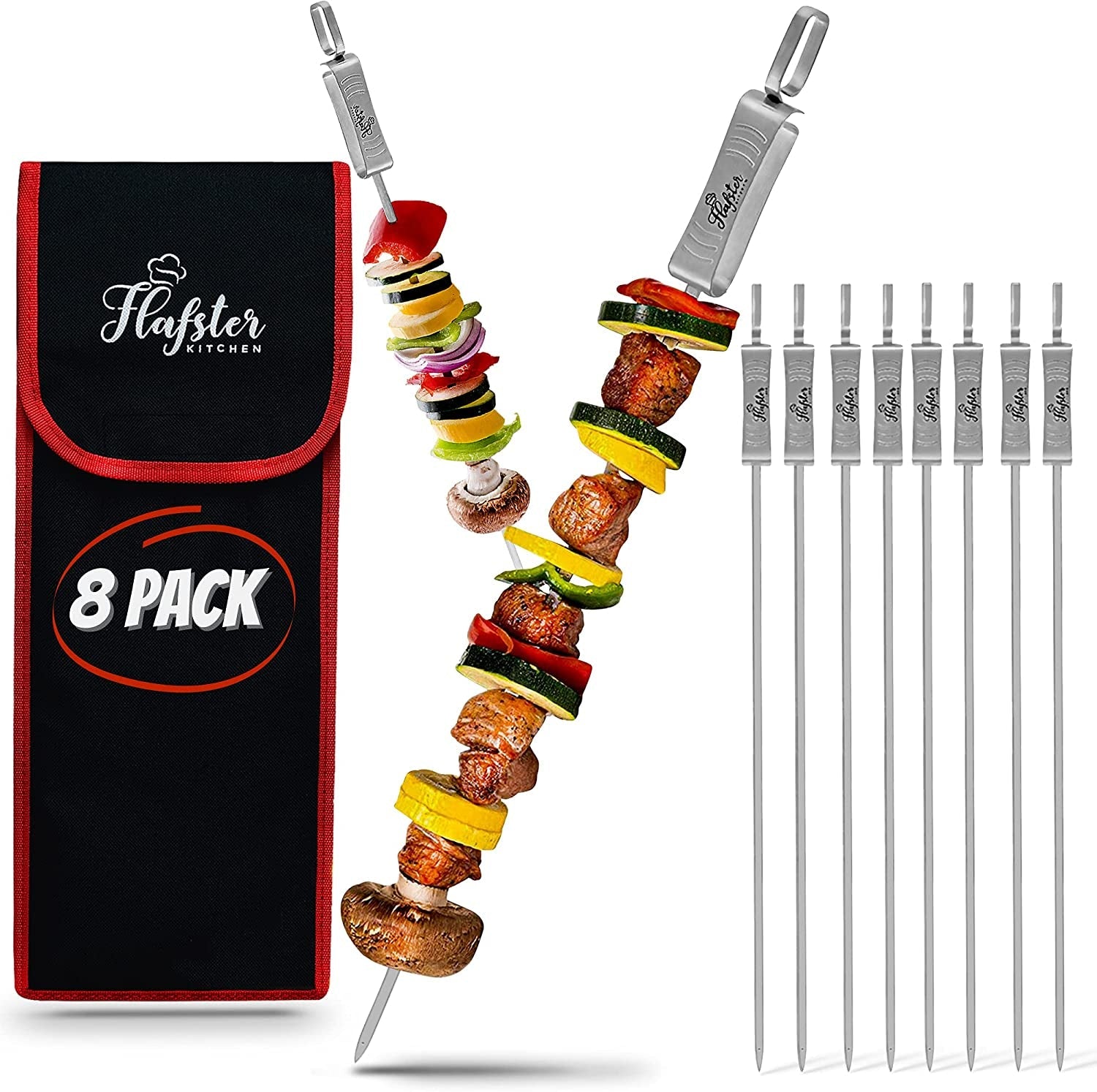 Kabob Skewers for Grilling- BBQ Skewers for Grilling-16 Long Flat Kebab Skewers with Push Bar- Shish Kabob Skewers - Stainless Steel Skewer Sticks for Camping - Wide Reusable Sword Skewers - 8 Pack