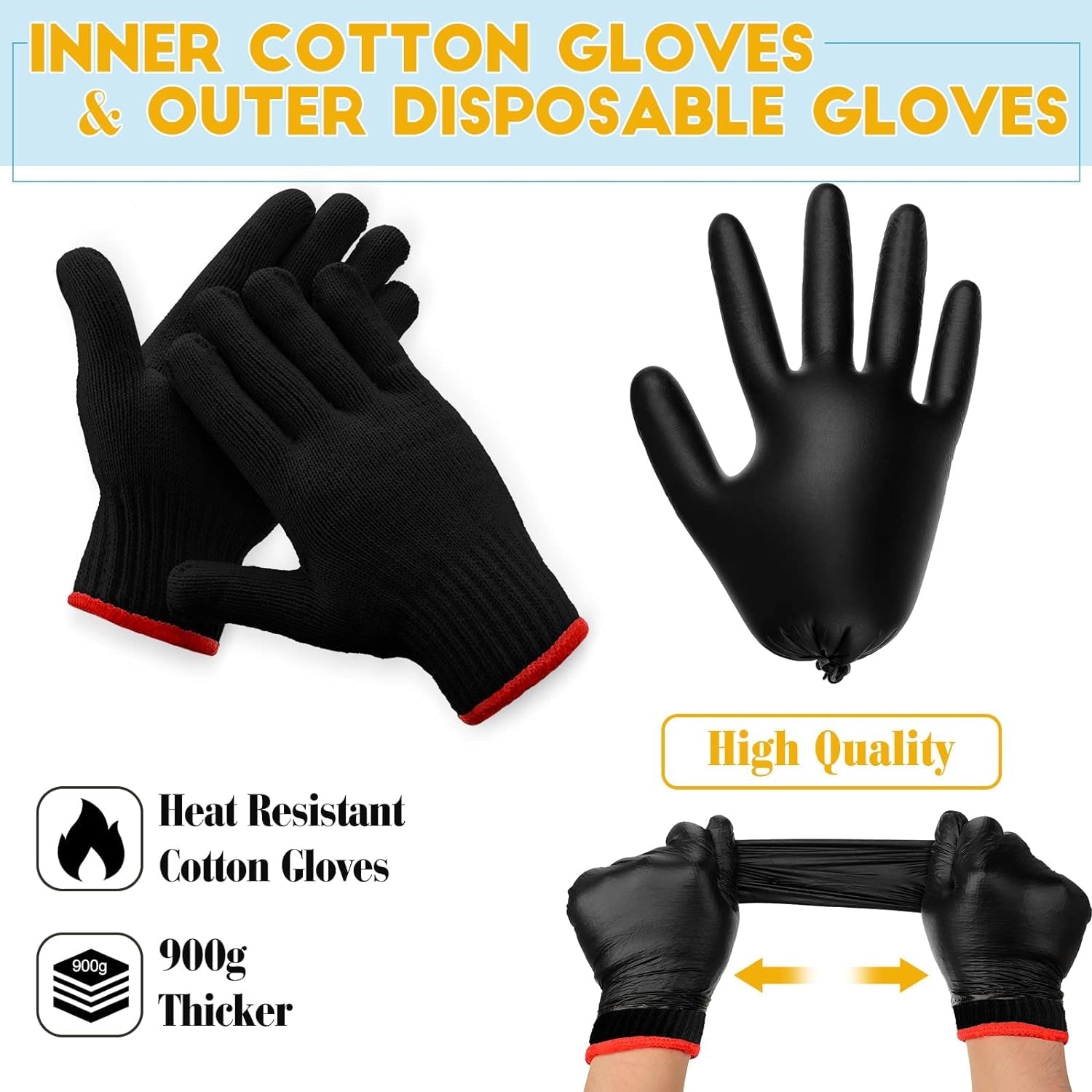 200 Pcs Disposable BBQ Gloves with 4 Pairs Cotton Liners Grilling Gloves BBQ Cooking Gloves (Black. Dark Gray. X-Large) - Image 2