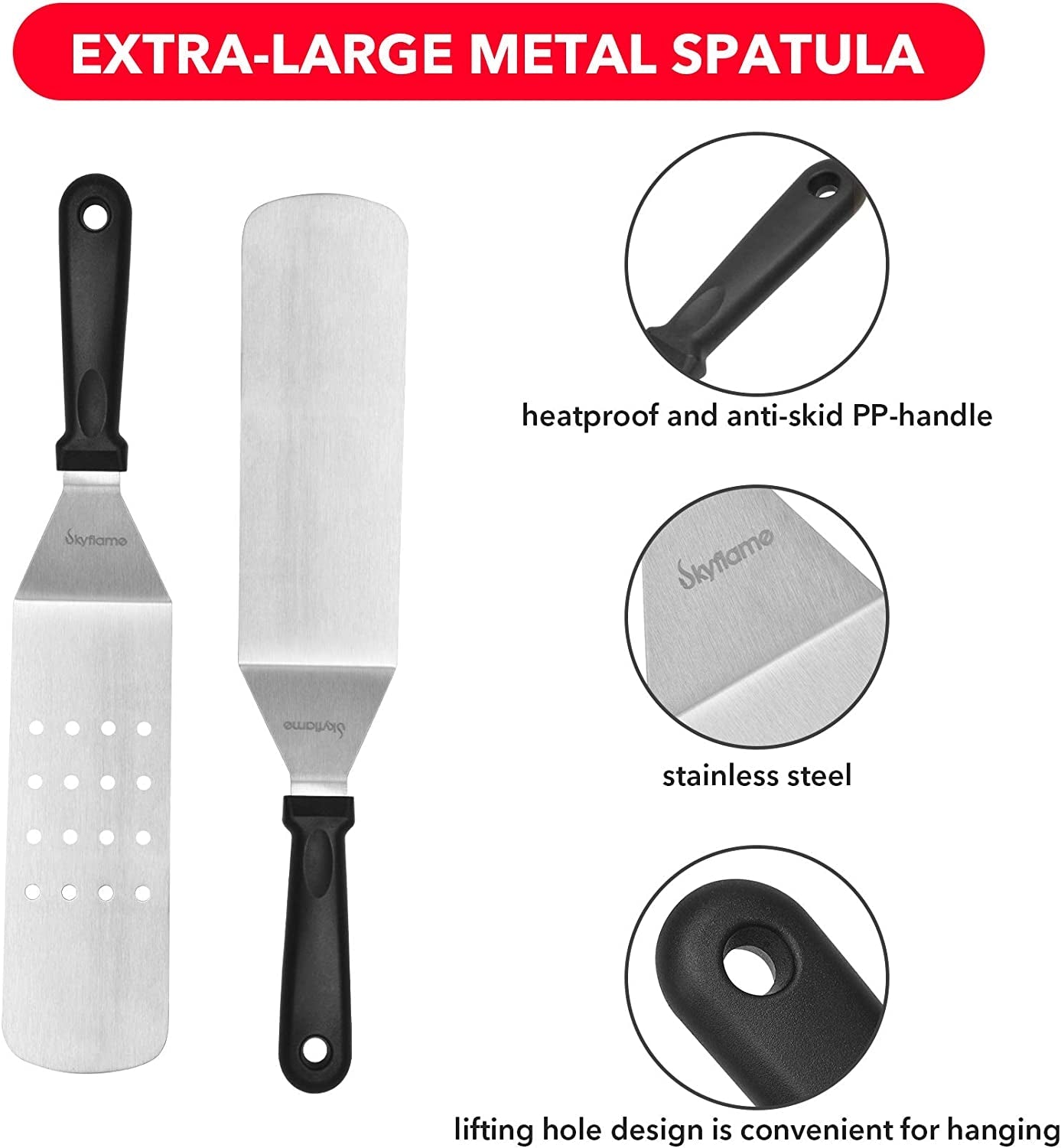Skyflame 3 Piece Griddle Accessories Kit. Stainless Steel Professional Long BBQ Grill Spatula/Turner & Scraper Set for Flat Top Grill Hibachi Camping Cooking - Image 4