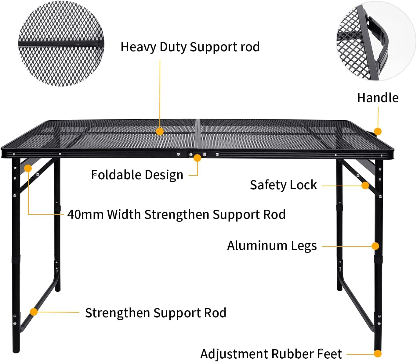 Moosinily Picnic Table 4Ft Grill Table Mesh Top Light Weight Portable Table with Carry Handle Adjustable Height Folding Camping Table for Outdoor Indoor Grill BBQ Travel Barbucue Beach RV Black - Image 4