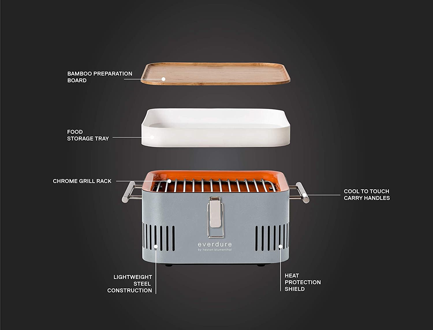CUBE Portable Charcoal Grill. Tabletop BBQ. Perfect Tailgate. Beach. Patio. or Camping Grill. Lightweight & Compact Small Grill with Preparation Board & Food Storage Tray. Stone - Image 2