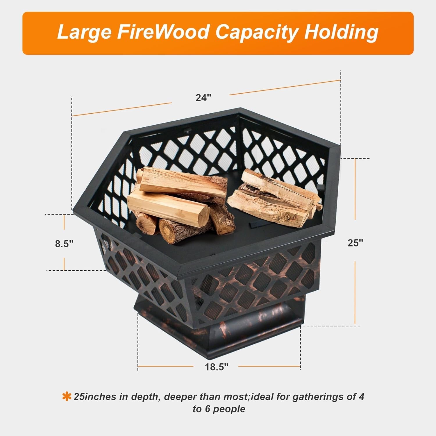 F2C Hex-Shaped Fire Pit with Fire Picker for Garden 24 Inch Wood Burning Bonfire Firebowl Outdoor Portable Steel Firepit with Flame-Retardant Mesh Lid for Patio Backyard Garden Beach Camping Picnic - Image 8