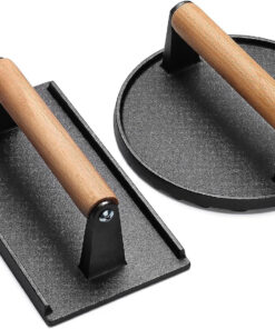 EWFEN Burger Press. 7 round & 8.2X4.3 Rectangle Heavy-Duty Cast Iron Smash Bacon Press Meat Steak with Wood Handle for Griddle. Sandwich. Nonstick Pan