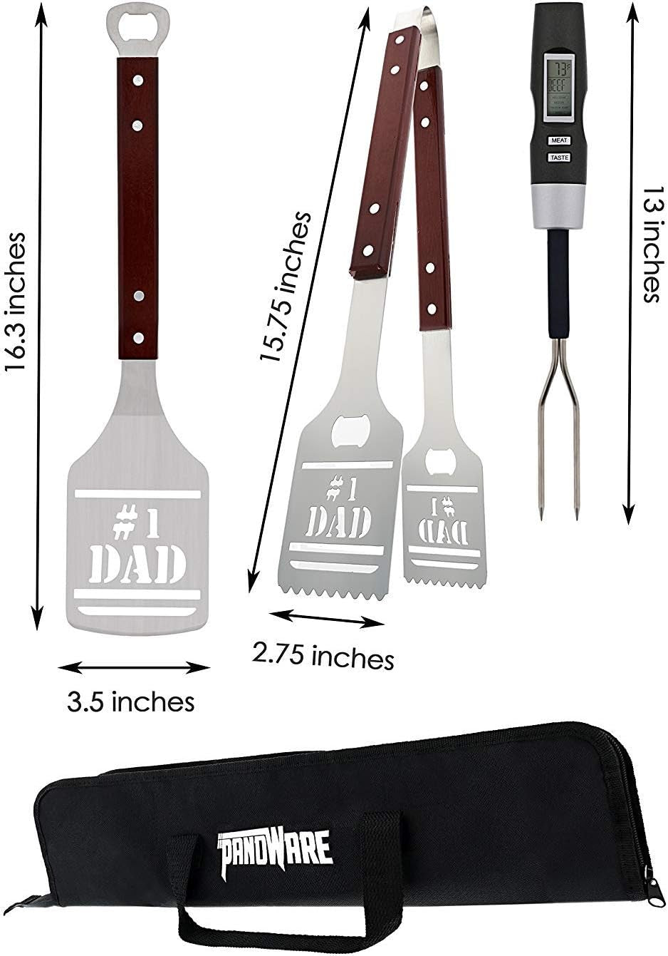 Panoware BBQ Grill Tools Set for Dad. 4 Piece Set. Number 1 Dad Tongs. Spatula. Digital Thermometer and Case - Image 3
