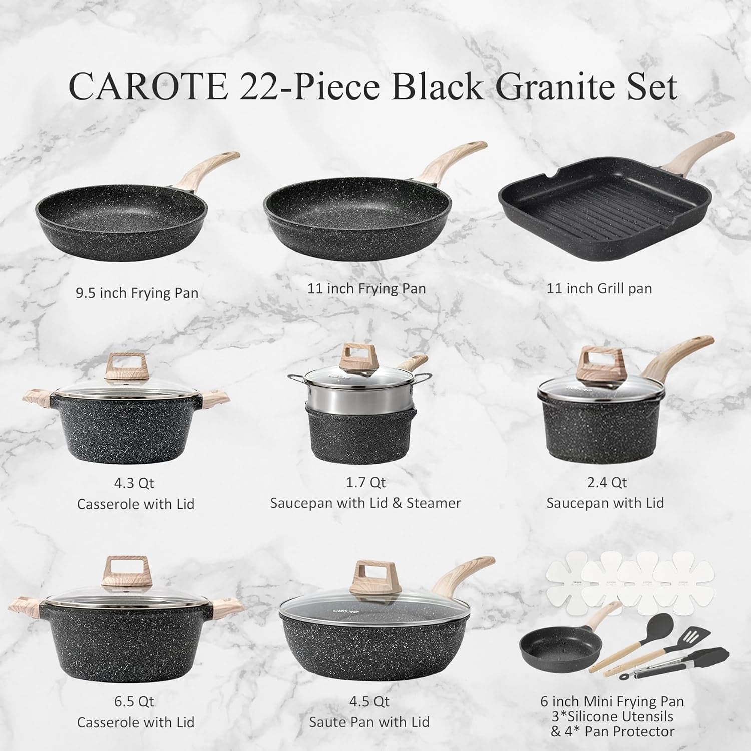 CAROTE 22Pcs Pots and Pans Set. Nonstick Cookware Sets. Granite Induction Cookware Non Stick Cooking Set W/Frying Pans & Saucepans(Pfos. PFOA Free) - Image 2