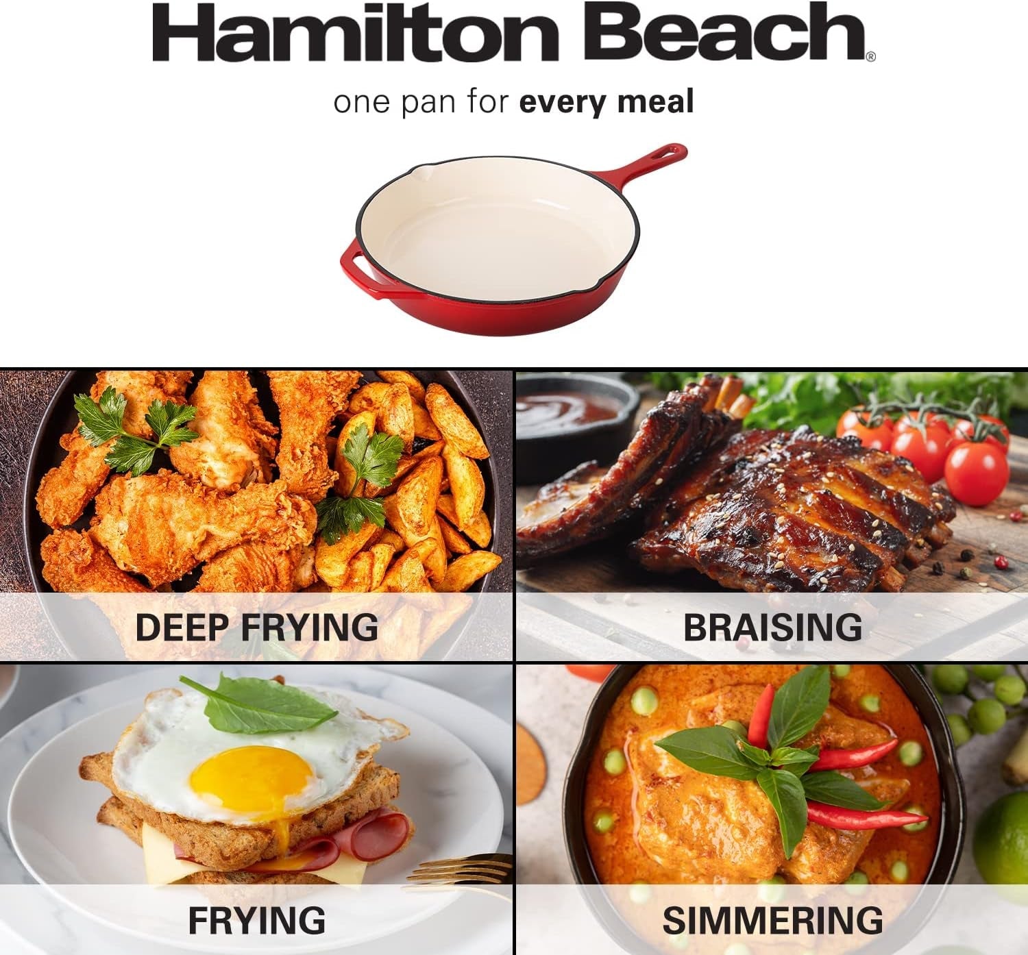 Hamilton Beach Enameled Cast Iron Fry Pan 12-Inch Red. Cream Enamel Coating. Skillet Pan for Stove Top and Oven - Image 7