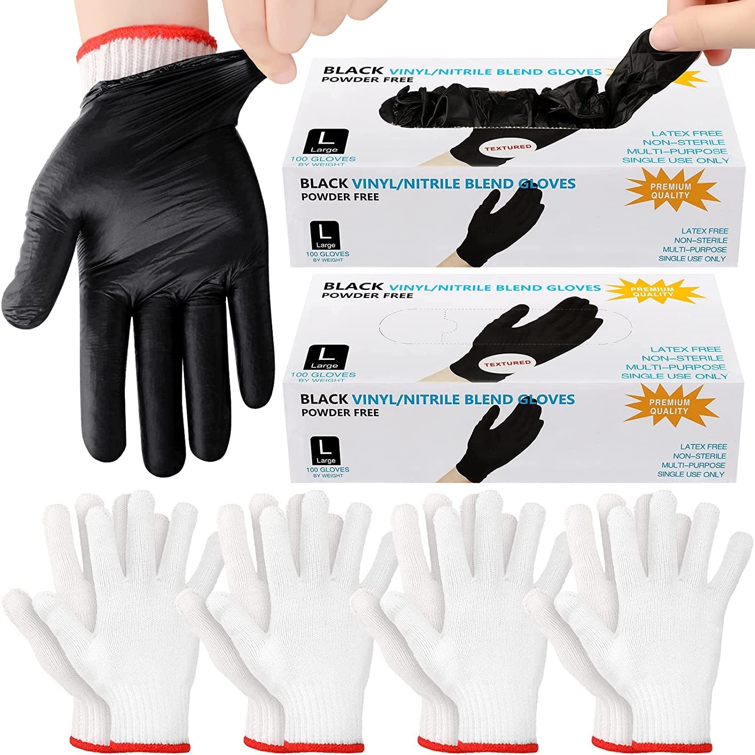 200 Pcs Disposable BBQ Gloves with 4 Pairs Cotton Liners Grilling Gloves BBQ Cooking Gloves(Black. White. Large)