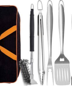 Grill Tools Set of 6. 18-Inch Extra-Long BBQ Tool Set. Heavy-Duty Barbecue Grilling Accessories. Stainless Steel Spatula. Fork. Tong. Basting Brush. Cleaning Brush & Carrying Bag - Black Handle