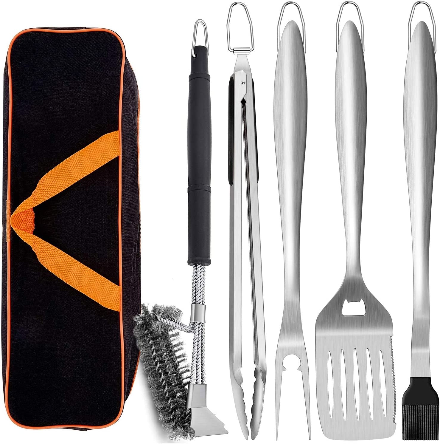 Grill Tools Set of 6. 18-Inch Extra-Long BBQ Tool Set. Heavy-Duty Barbecue Grilling Accessories. Stainless Steel Spatula. Fork. Tong. Basting Brush. Cleaning Brush & Carrying Bag - Black Handle