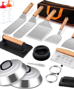 Griddle Accessories Set of 18. Stainless Steel Flat Top Grilling Accessory Outdoor Camping BBQ Cooking Tools. with Grill Spatulas. Scraper. Melting Dome. Burger Turner. Portable Carrying Bag